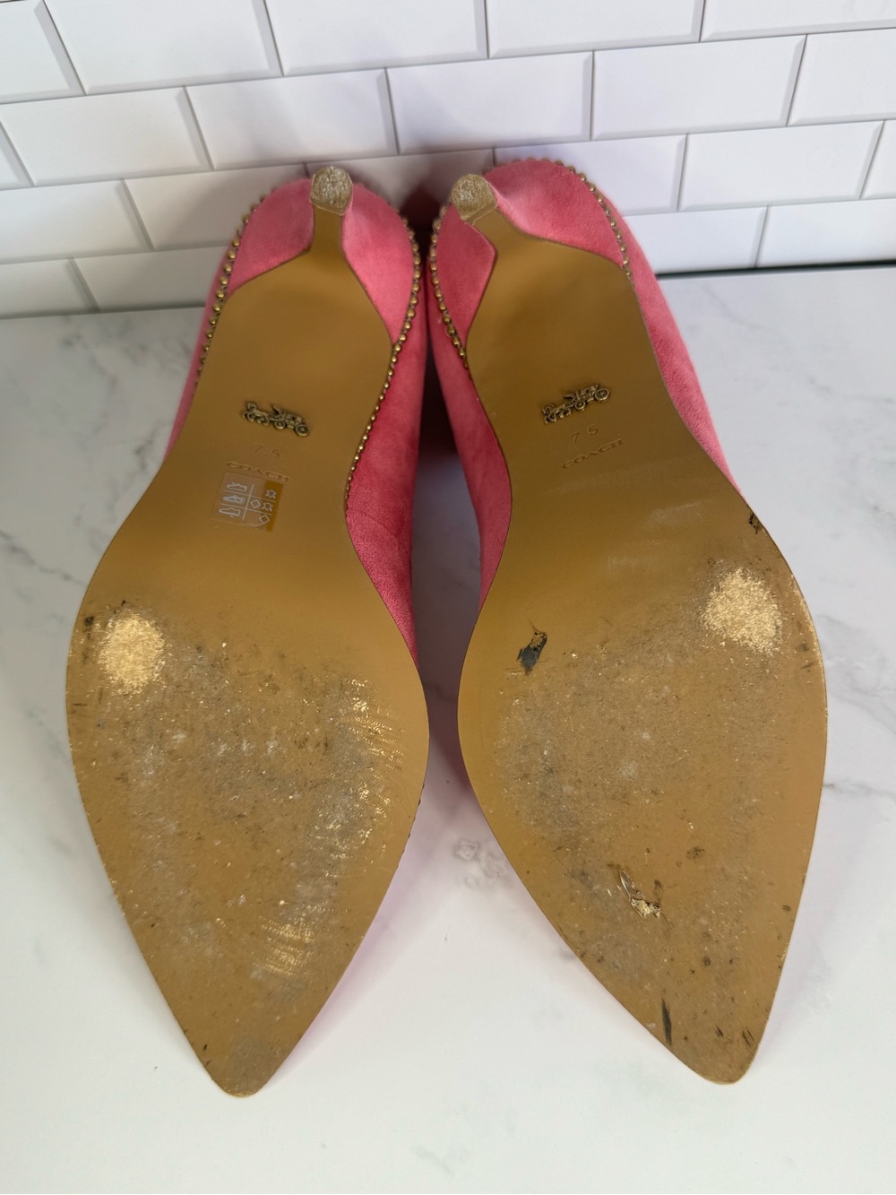 COACH Pink Suede Pointed Toe Pumps with Brass Studded Trim. - Picture 11 of 12